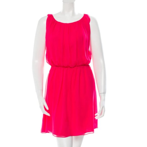 ALICE + OLIVIA Mary Blouson Gathered Tank Dress Pink Silk Mini Dress - Picture 2 of 8